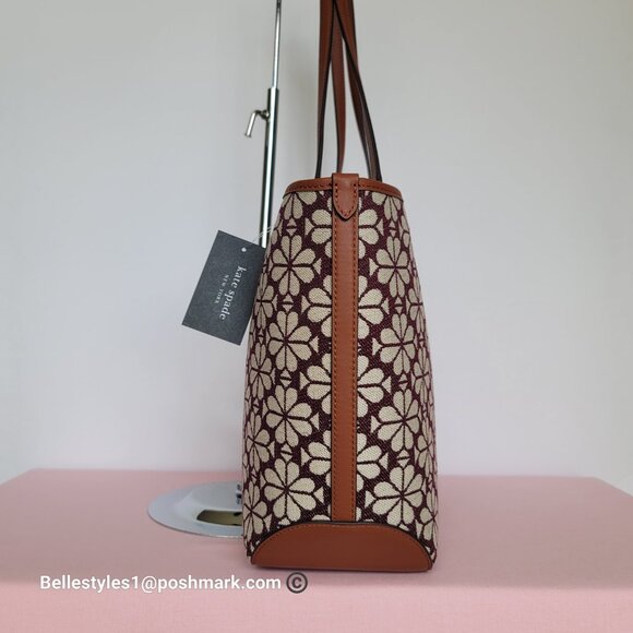 KATE SPADE Spade-Flower Jacquard and Leather Medium Open Tote- Burgundy Multi⭐ - Picture 9 of 16